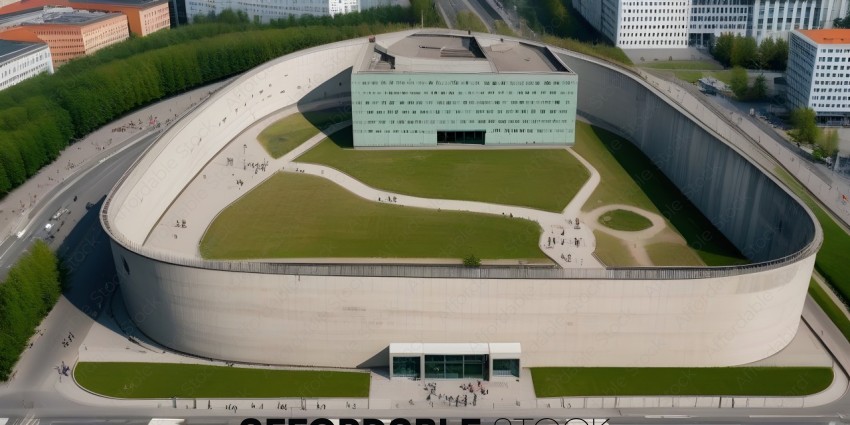 People walking around a large building with a green roof