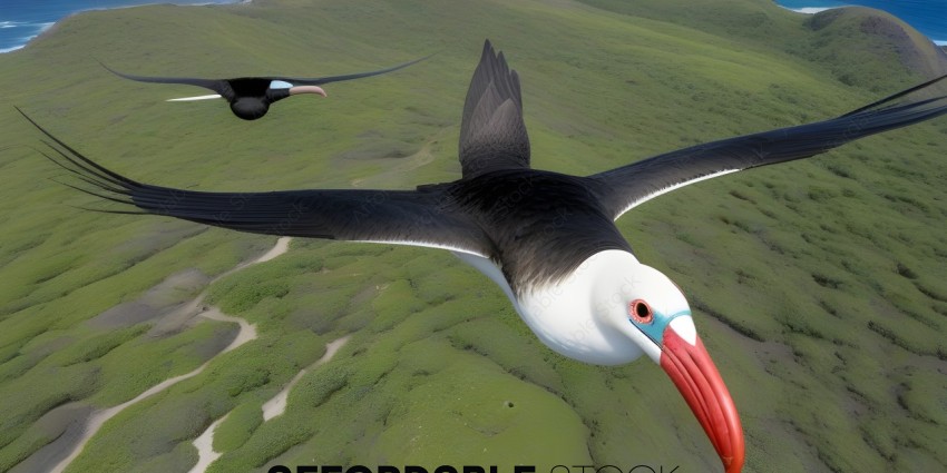 A bird with a long beak flies over a grassy field