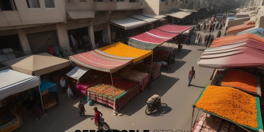 Marketplace with colorful tents and people