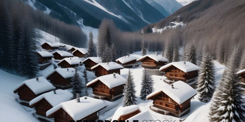 Snowy village with many houses