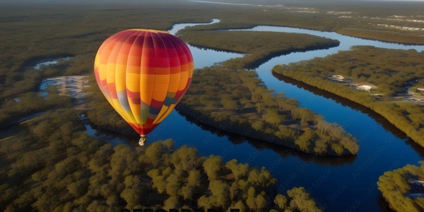 A hot air balloon flying over a river surrounded by trees
