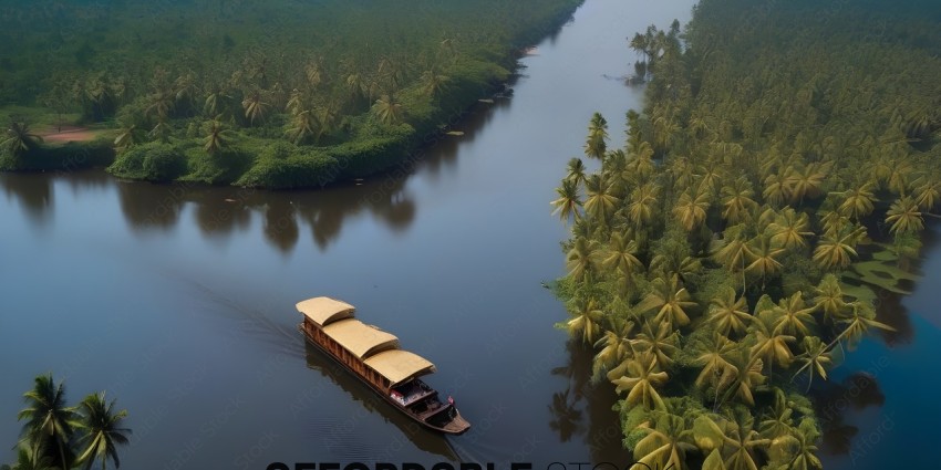 A small boat with a thatched roof on a river surrounded by trees