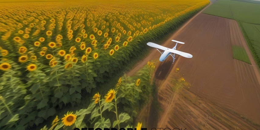 Plane flying over a field of sunflowers