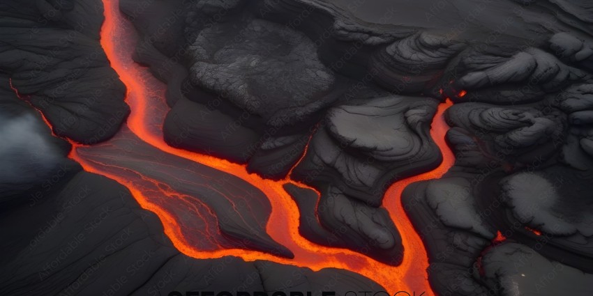 A close up of a lava flow with a red glow