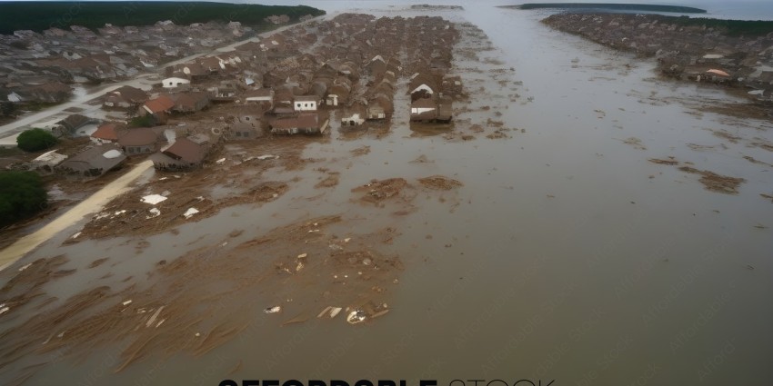 A town flooded with water and debris