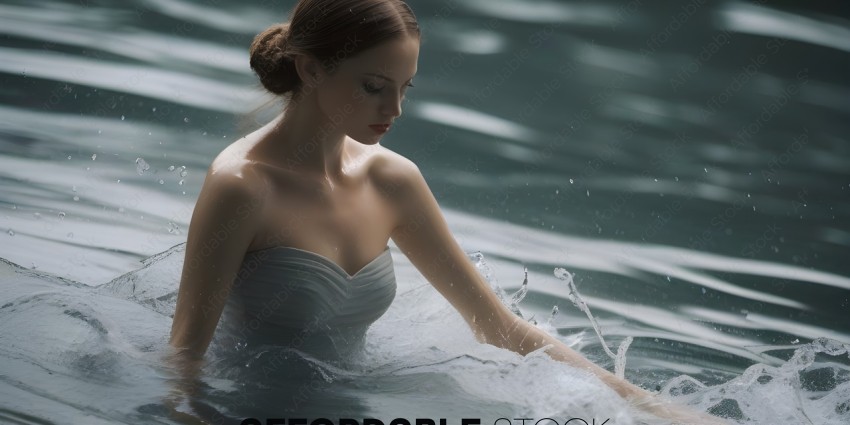 A woman in a white dress is standing in the water
