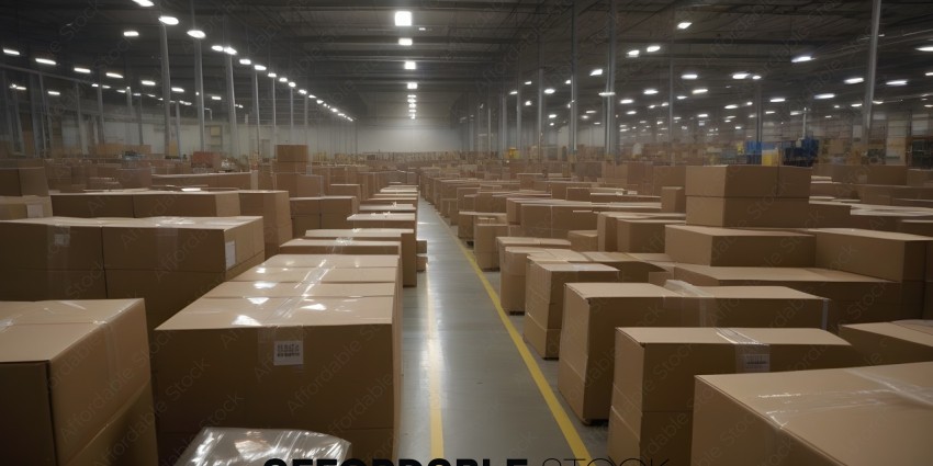 A long line of cardboard boxes in a warehouse