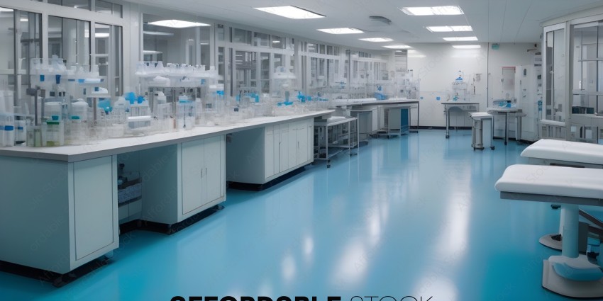 A clean and organized laboratory with blue floors