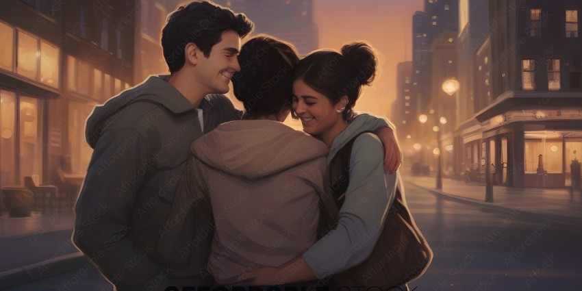 A couple and a friend hugging in a city