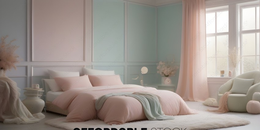 A bedroom with a pink bedspread and a white lamp