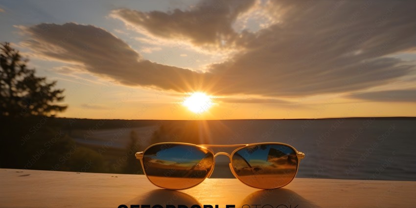 Sunglasses on a table with a beautiful sunset in the background