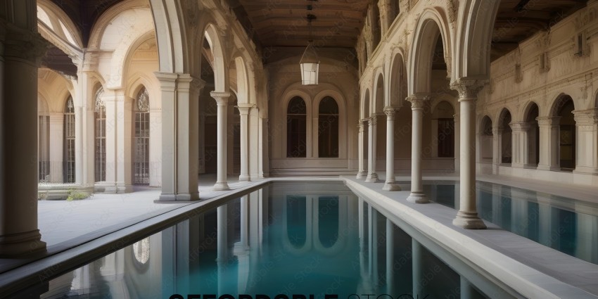 A large pool in a building with columns