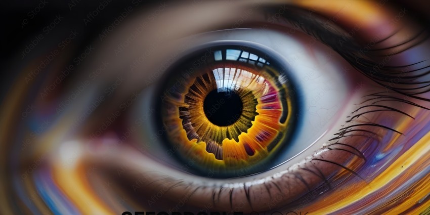 A close up of a person's eye with a yellow and orange iris