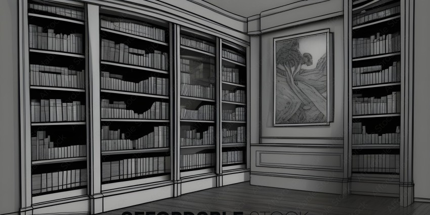 A black and white drawing of a room with bookshelves and a painting