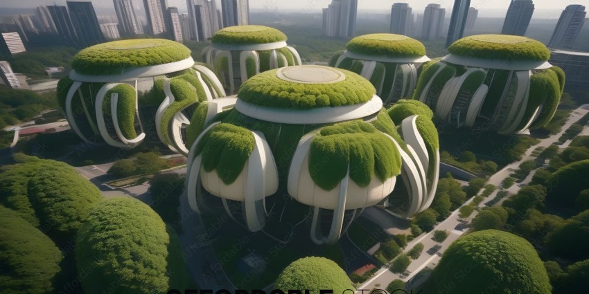 A group of buildings with green roofs