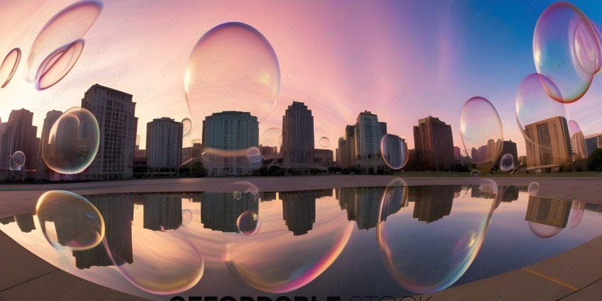 Bubbles in the water with a city in the background