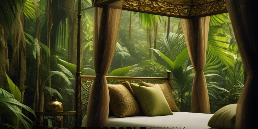 A bed with pillows in a jungle setting