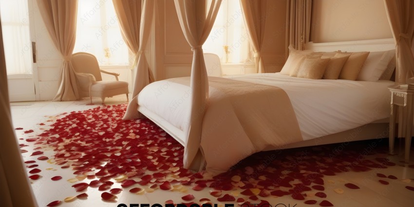 A bedroom with a bed covered in rose petals