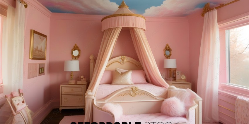 A pink bed with a canopy and pink bedding