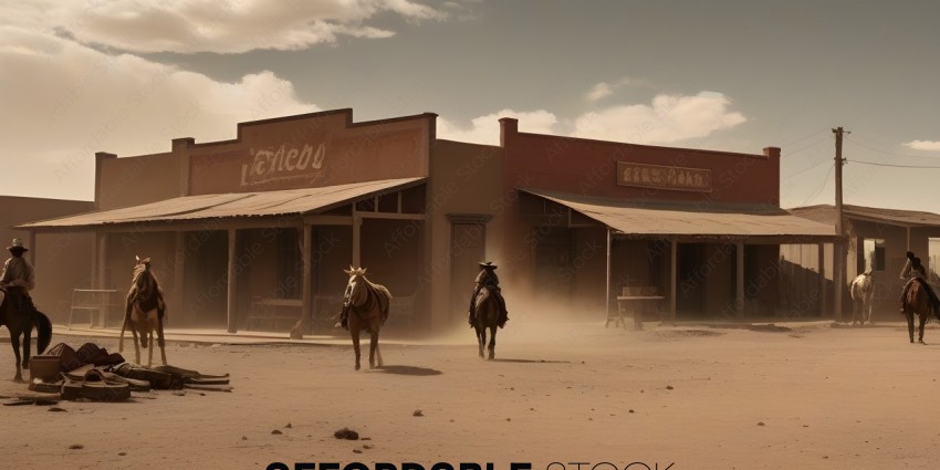 Two cowboys riding horses in front of a western store