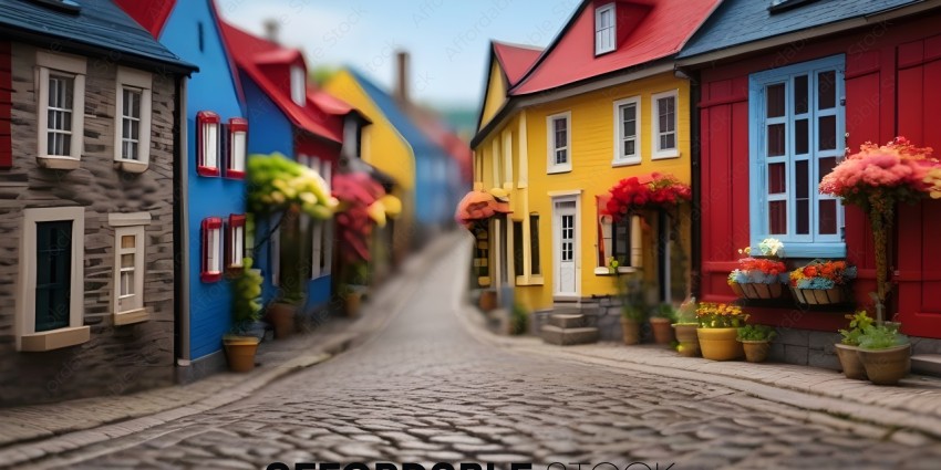 A street scene with colorful houses and flowers