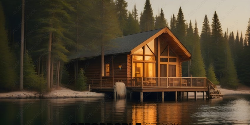A cabin on the water with a dock