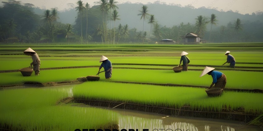 Two Asian Farmers Harvesting Rice