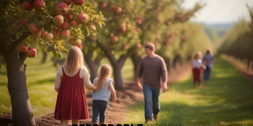 A family of three walking through an apple orchard