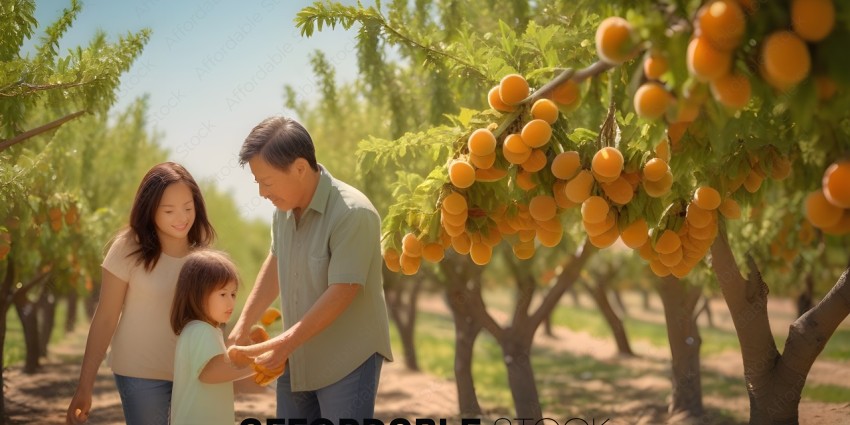 Man and child picking fruit from a tree