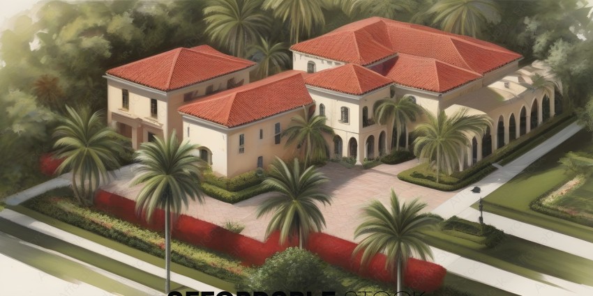 A drawing of a house with a red roof and palm trees