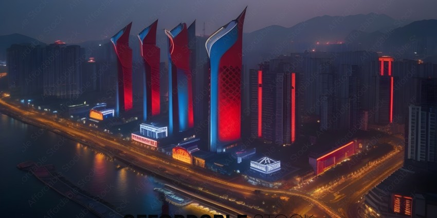 A cityscape at night with a large building with a blue and red design