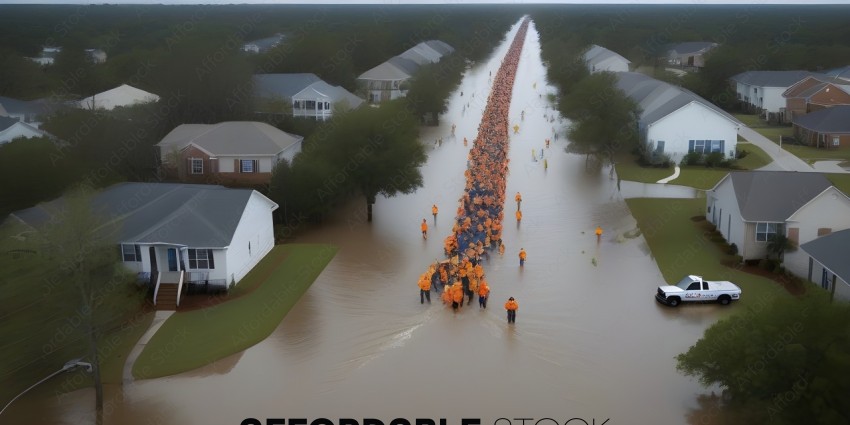 A large group of people walking through a flooded street