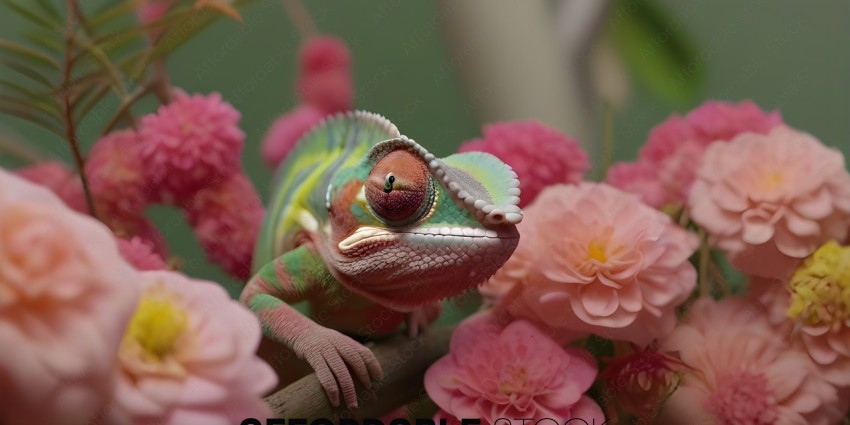 A colorful lizard with a pink flower in the foreground
