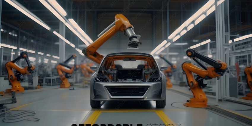A silver car being assembled by robots