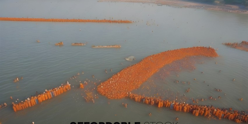 A large group of people in orange clothing are standing in a body of water