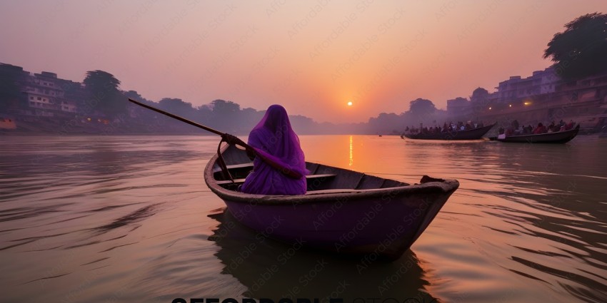 A woman in a purple dress is rowing a boat