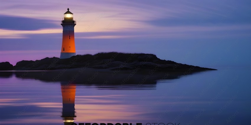 A lighthouse reflects in the water at sunset