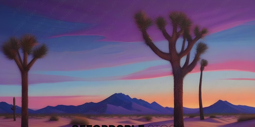 A tree in the desert with a purple sky