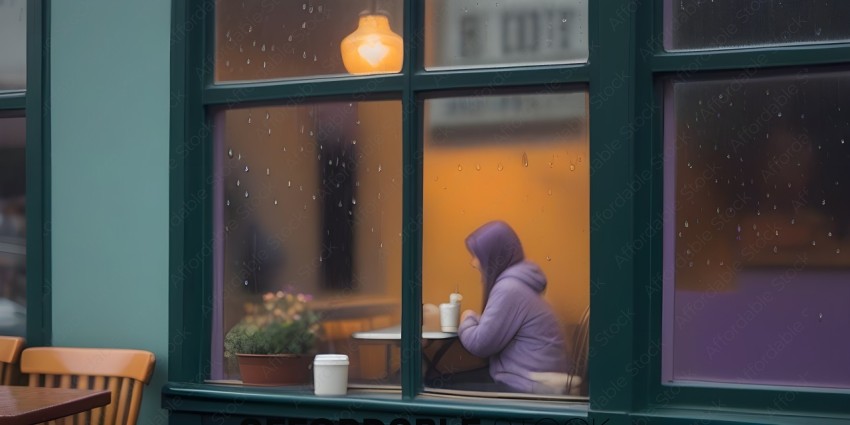 A woman in a purple hoodie sitting at a table