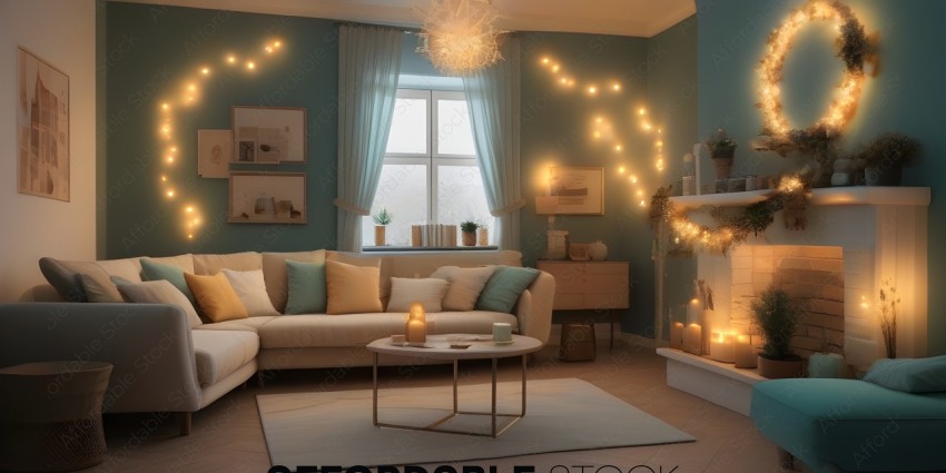 A cozy living room with a blue color scheme