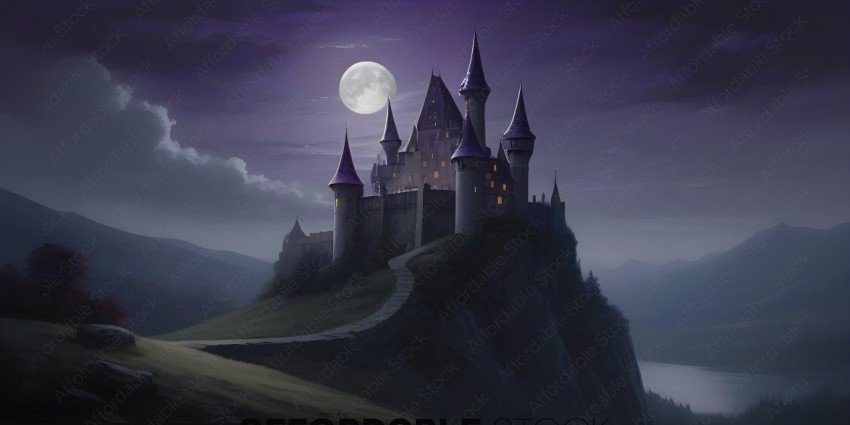 A castle with a full moon in the sky