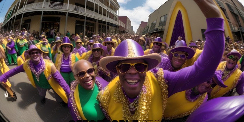 Mardi Gras Parade Participants in Purple, Green, and Yellow