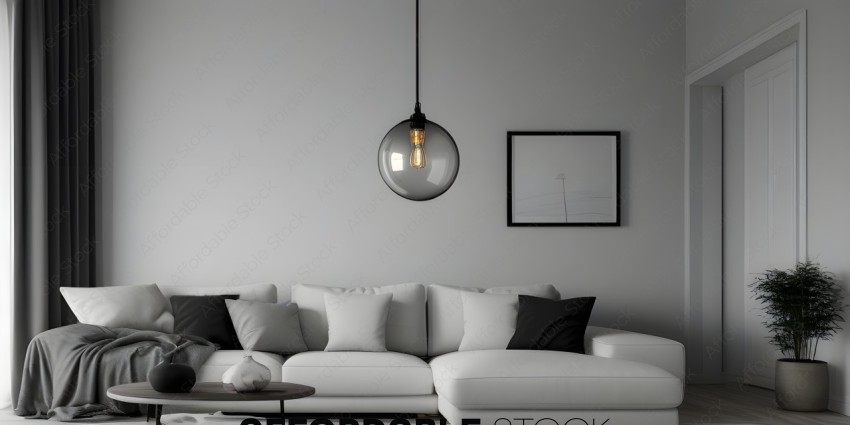 A white couch with a light fixture hanging from the ceiling