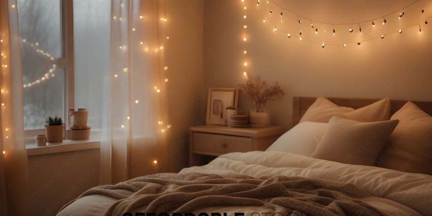 A cozy bedroom with a white bed and a string of lights