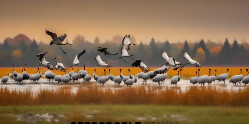 A flock of birds in a field