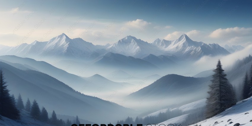 Snowy Mountains with Fog