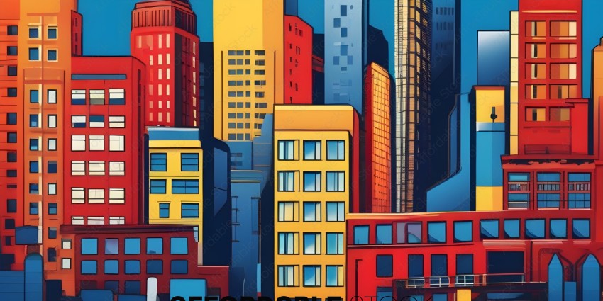 A cityscape with a yellow building and a red building
