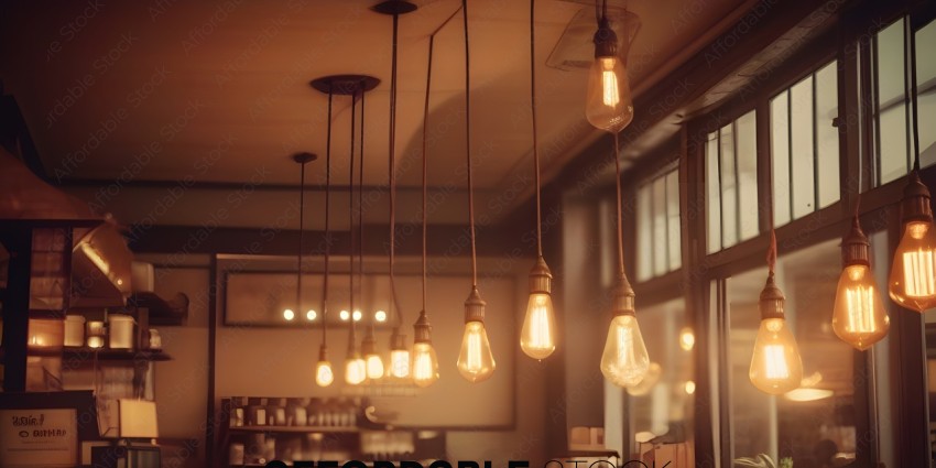 A row of light bulbs hanging from the ceiling