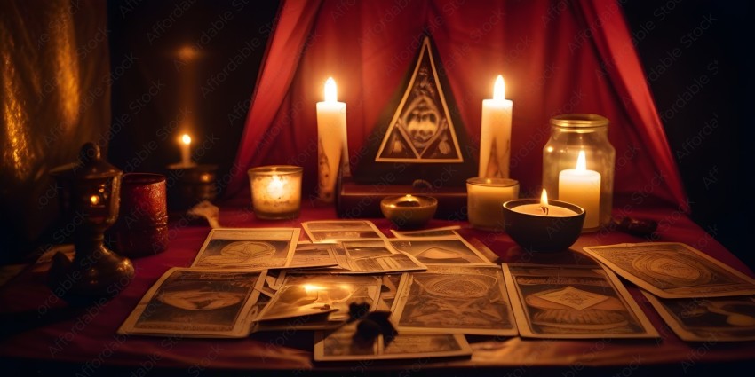 A table with candles and tarot cards
