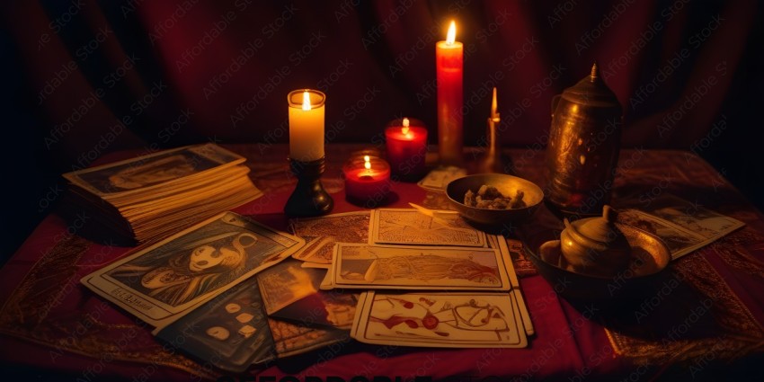 A table with candles, cards, and a bowl of incense